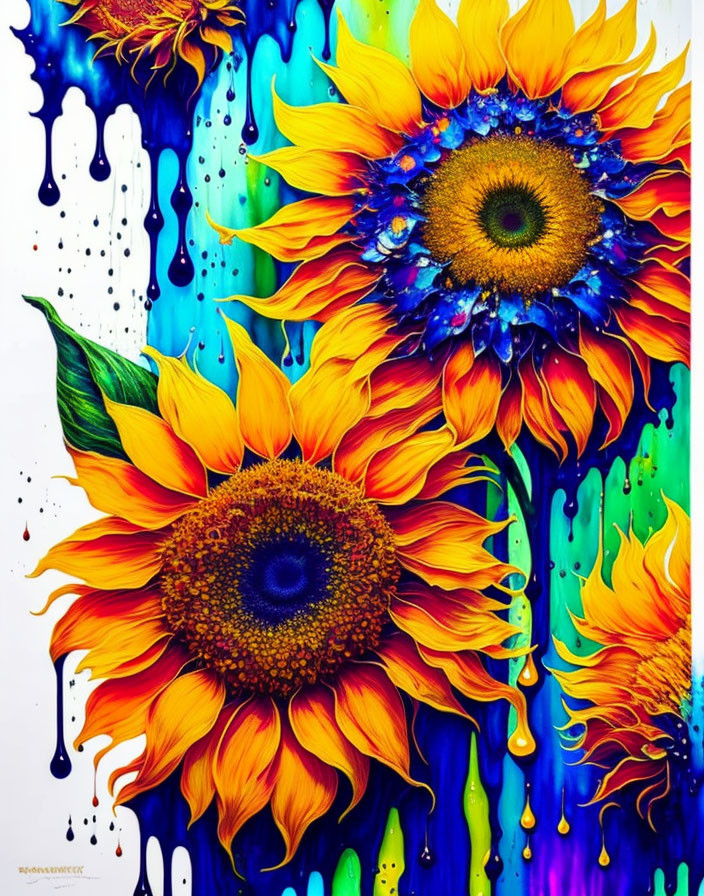 Colorful Sunflower Painting with Intense Blues and Yellows