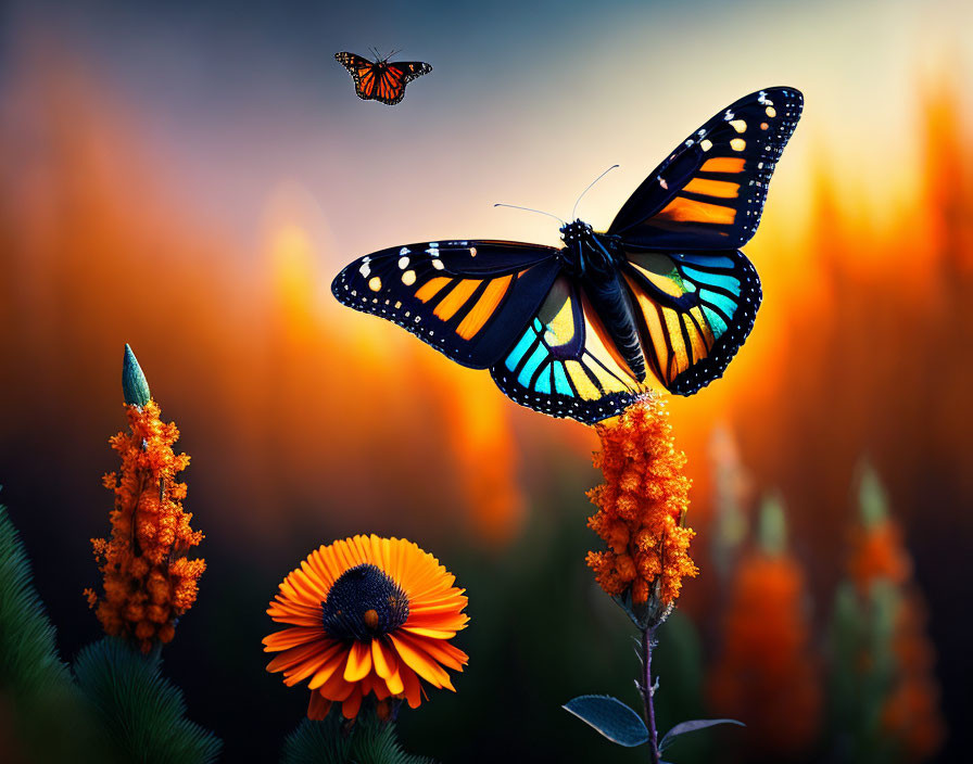 Colorful butterfly on orange flower with foliage backdrop