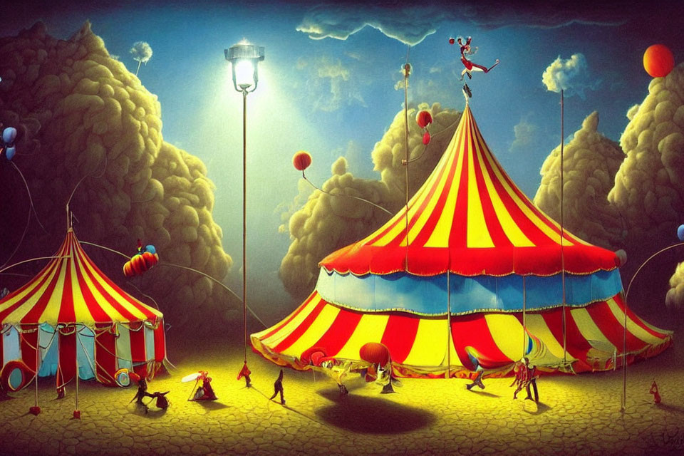 Colorful Circus Scene with Striped Tents, Performers, Balloons, and Streetlamp