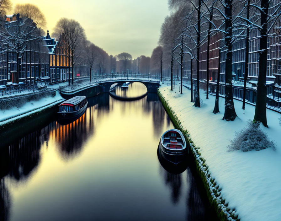 Snow-covered winter canal with moored boats and bare trees