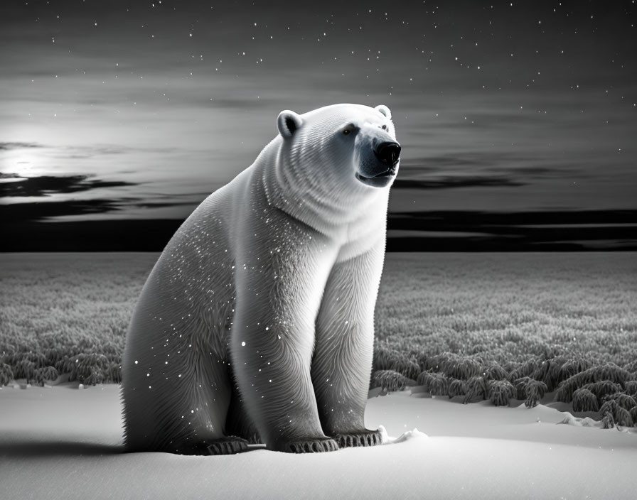 Polar bear in wintry night scene with snow-covered ground