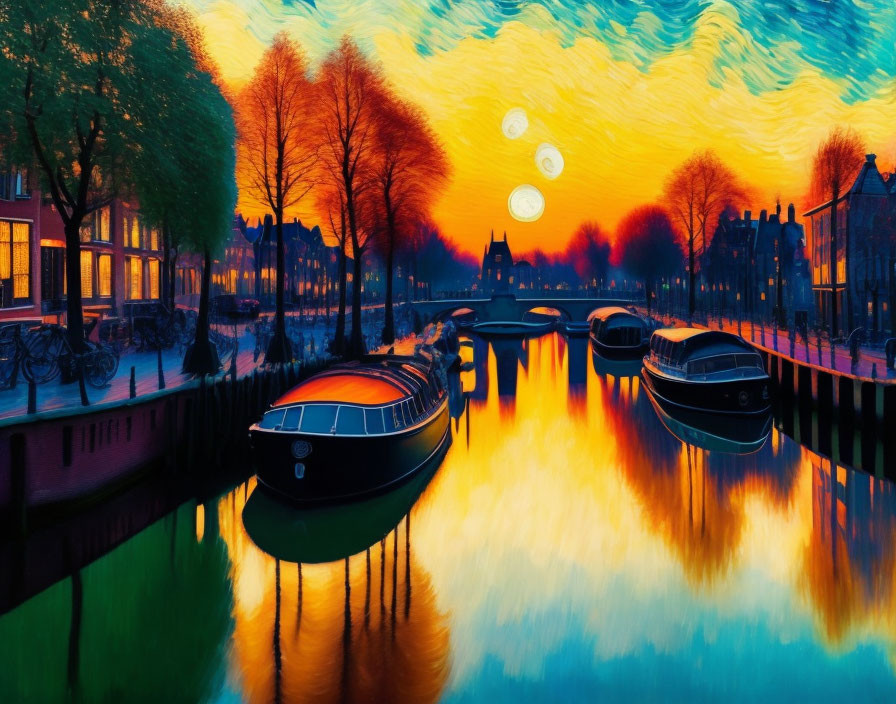 Impressionistic painting of canal scene at dusk with boats and bicycles in vibrant colors