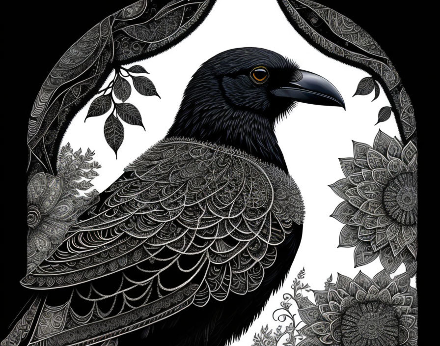 Detailed Raven Illustration with Ornate Circular Border on Black Background