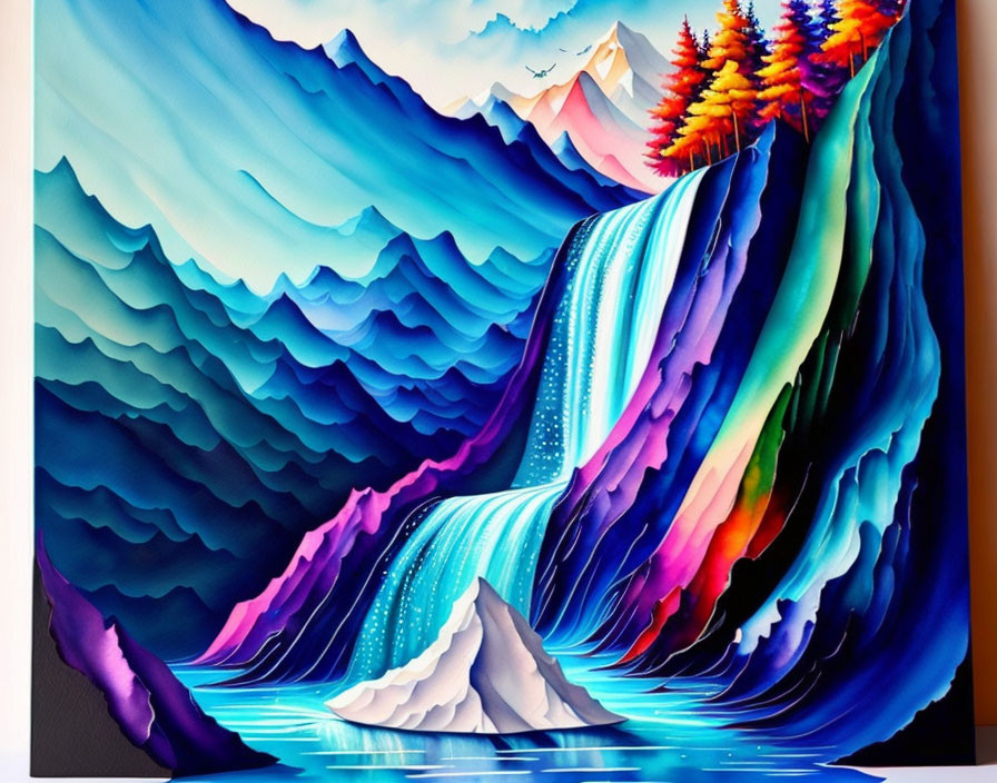 Vibrant painting of mountain landscape with waterfall