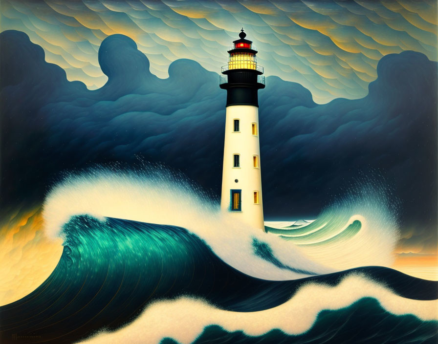 Stylized painting of lighthouse, shore, waves, and dramatic sky