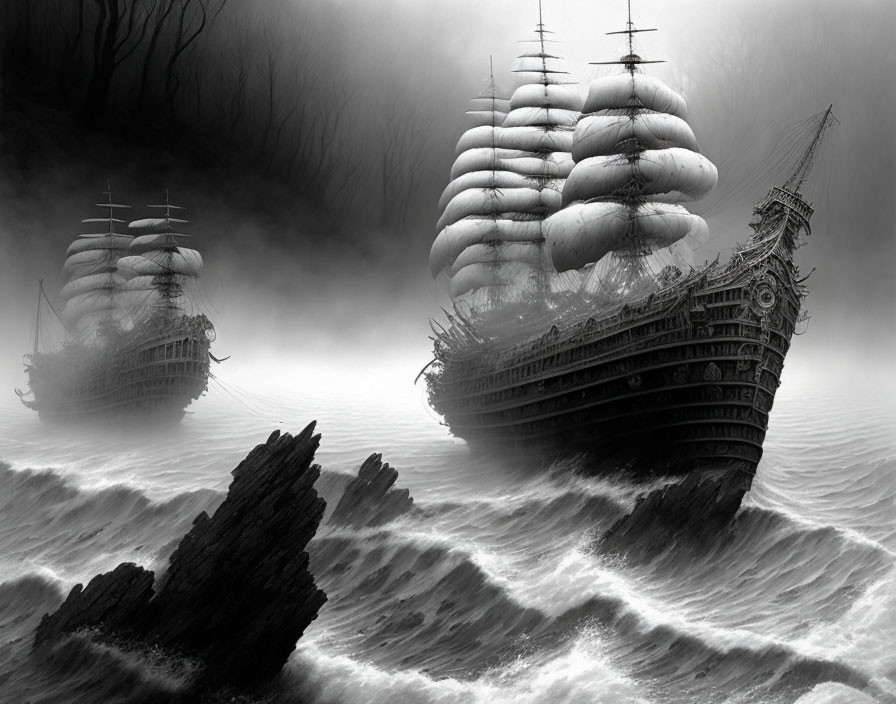 Majestic tall ships in turbulent seas and misty rocks