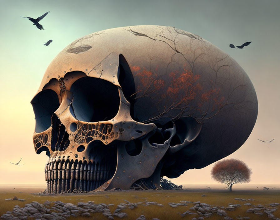 Surreal landscape with oversized skull, trees, and birds in dusky sky