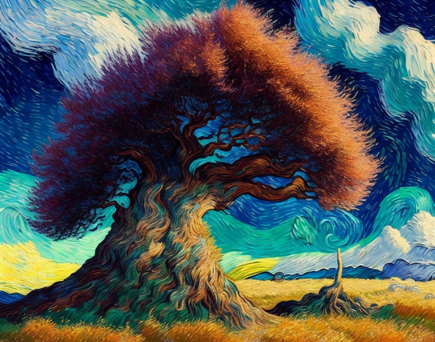 Colorful Stylized Painting: Twisted Tree Against Swirling Skies