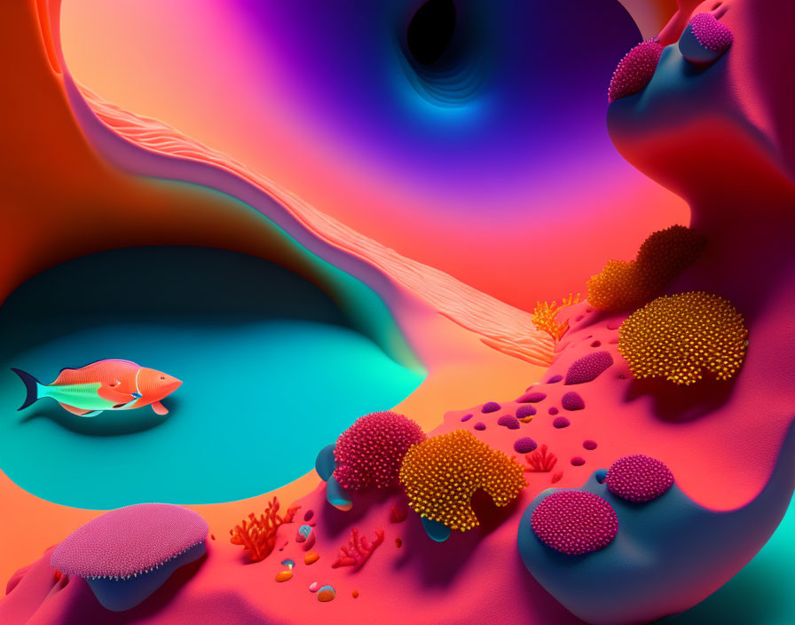 Colorful surreal underwater scene with stylized fish and neon coral structures