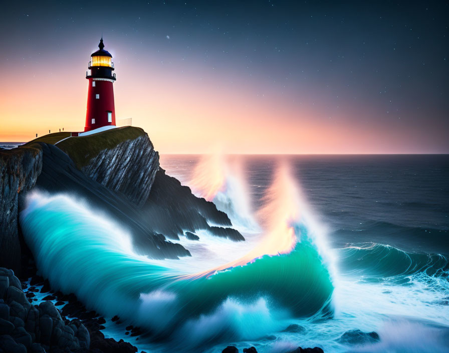 Red and White Lighthouse on Cliff Overlooking Rugged Coastline at Twilight