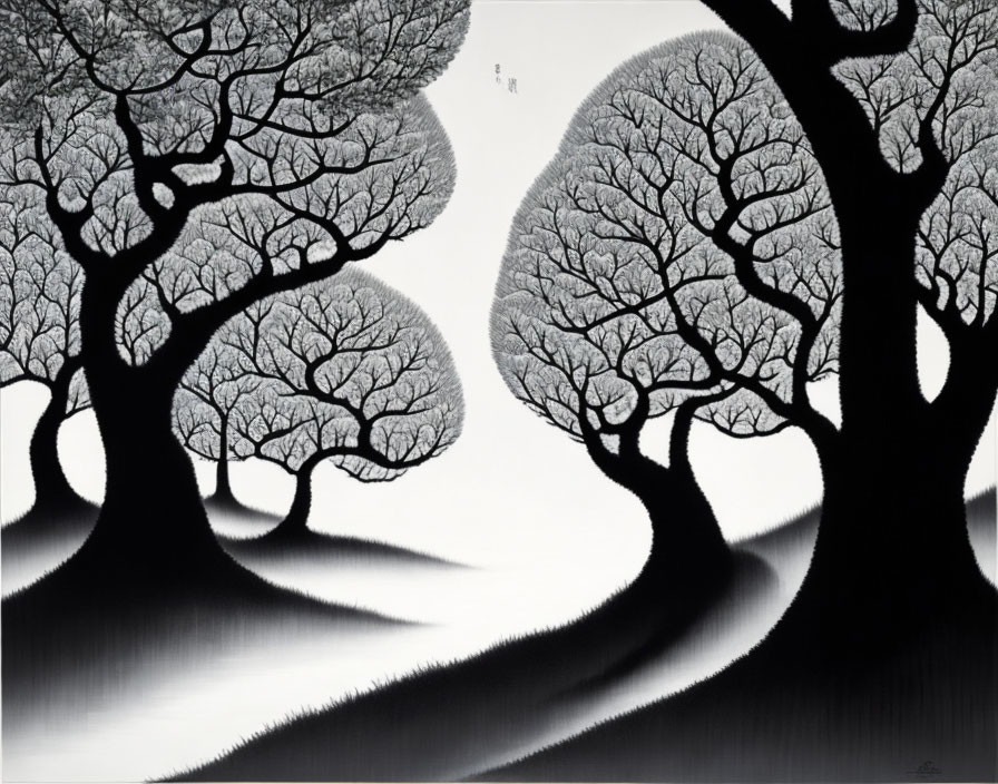 Stylized Monochrome Forest Artwork with Tree Silhouettes