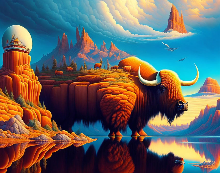 Surreal landscape with bison-like creatures and futuristic structures