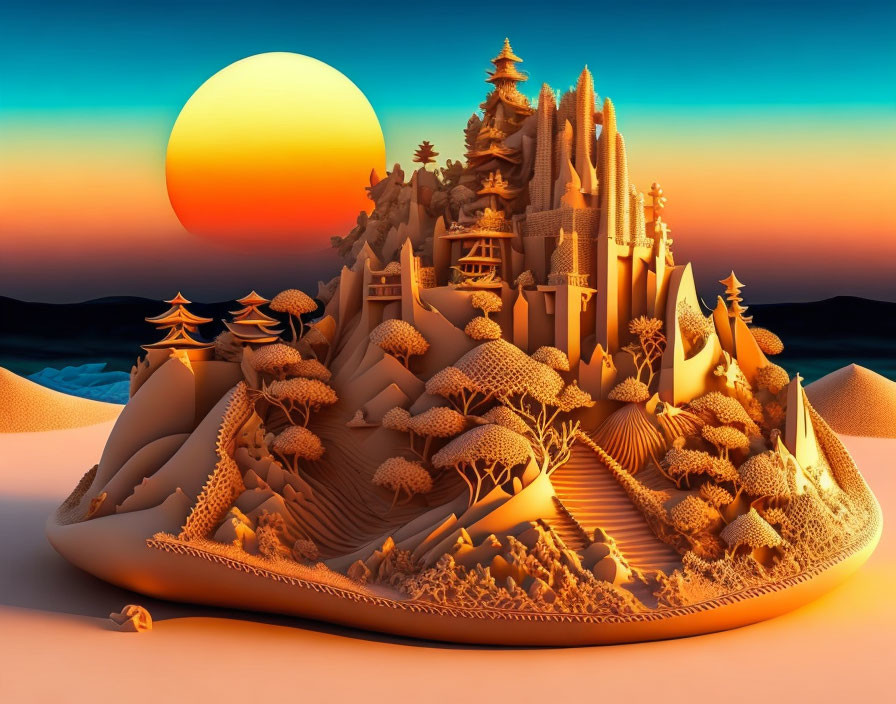 Orange-tinted surreal landscape with castle-like structures and stylized trees under setting sun