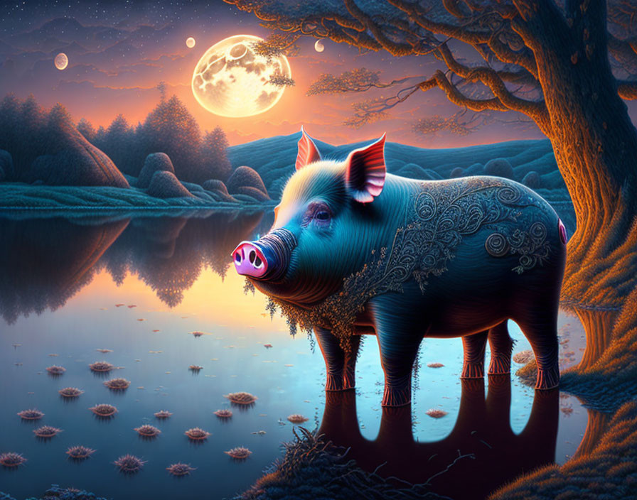 Ornate Pig in Moonlit Landscape with Pond and Trees