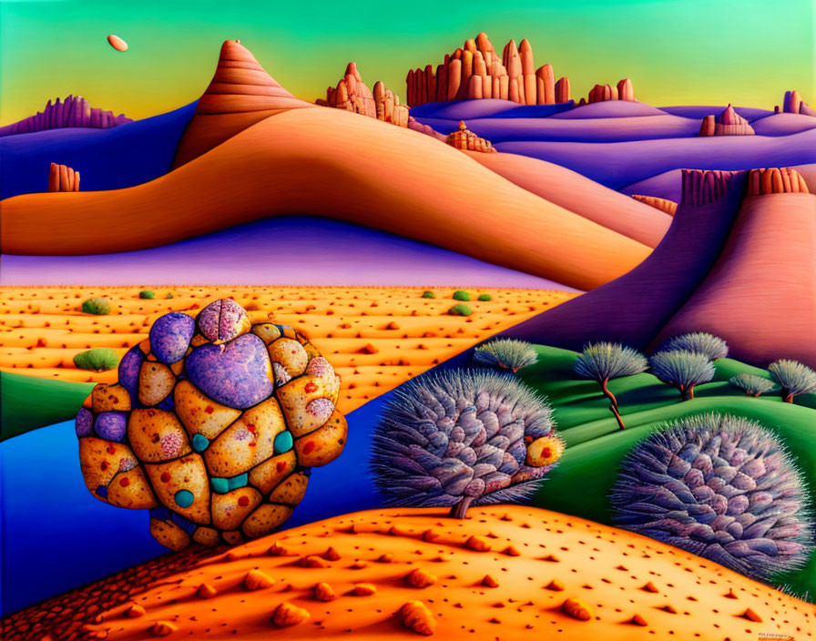 Colorful Surrealist Landscape with Orange Hills and Purple Skies