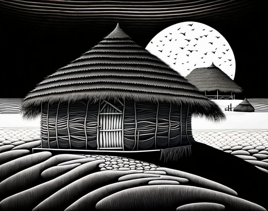 Monochrome illustration of a thatched hut in stylized landscape with patterned fields, crescent moon