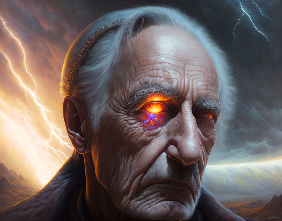 Elderly man with deep wrinkles and glowing orange-red eye in stormy setting