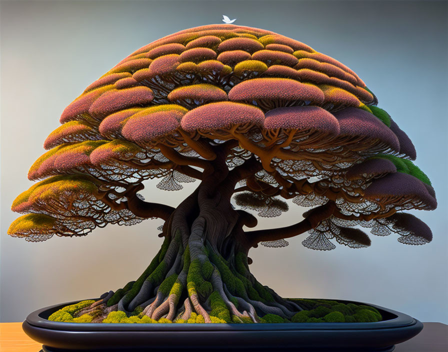 Stylized bonsai tree with lush canopy and perched bird