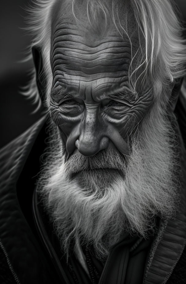 Elderly man with long white beard and stern expression in black and white photo