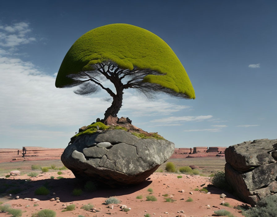 Surreal desert landscape with oversized green canopy tree