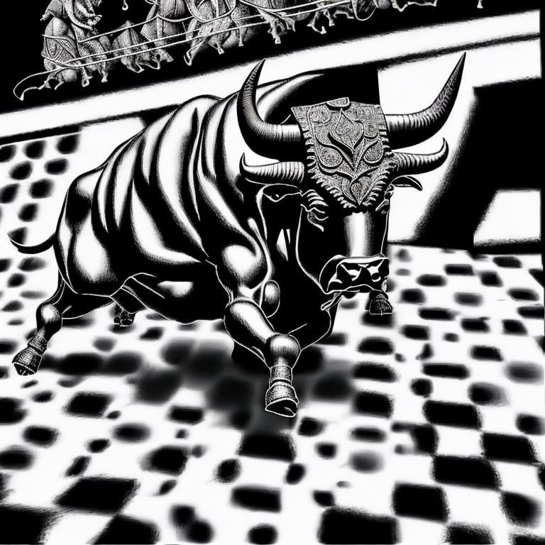 Detailed Black and White Bull Illustration on Checkered Surface