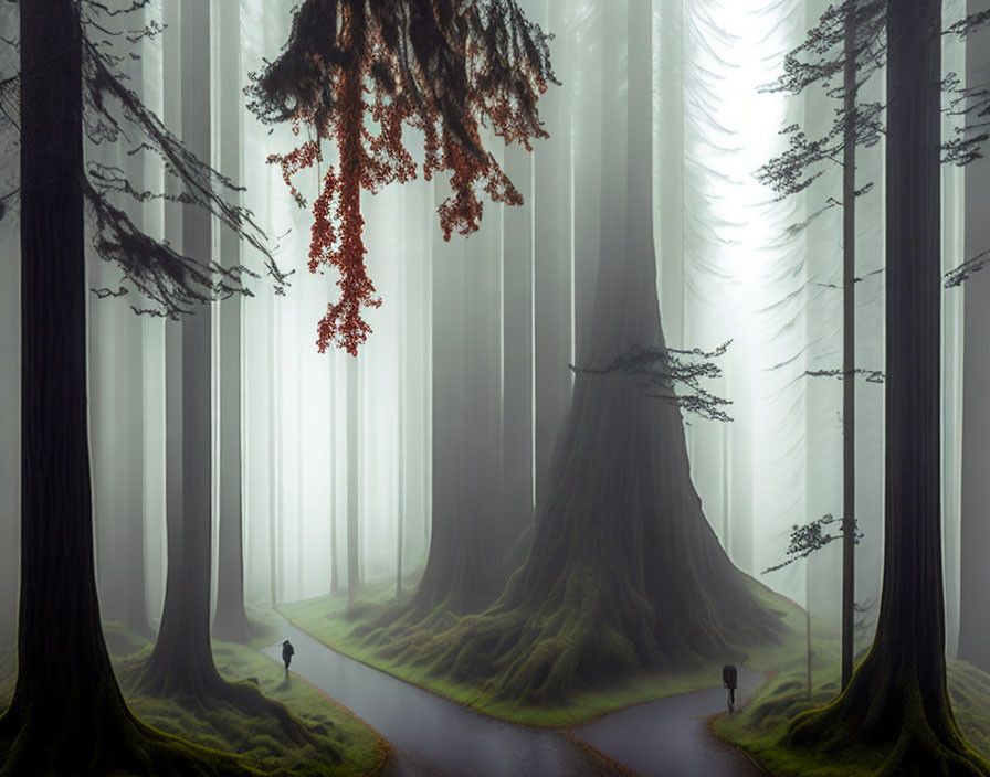 Enigmatic foggy forest with tall trees, stream, and silhouetted figures