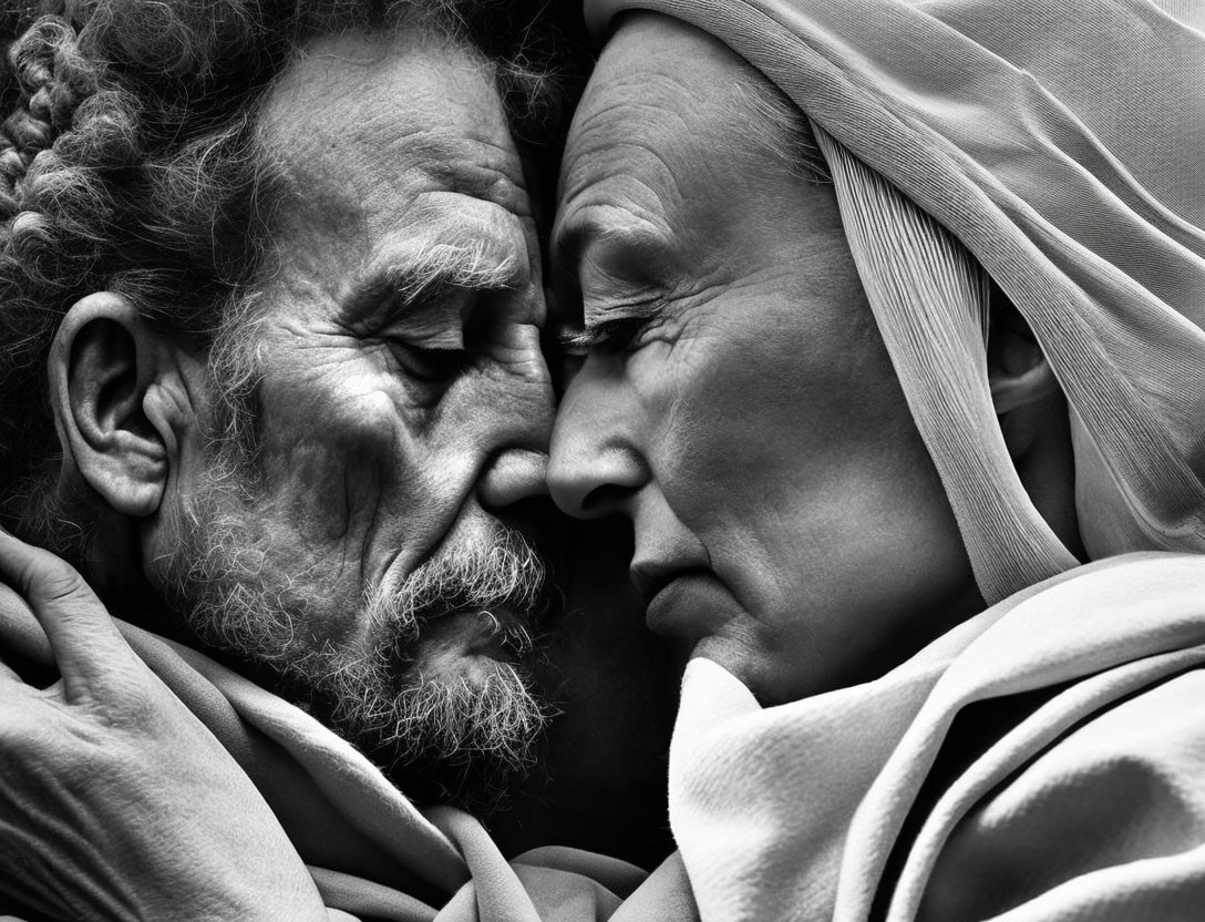 Elderly man and woman in black and white portrait with weathered faces