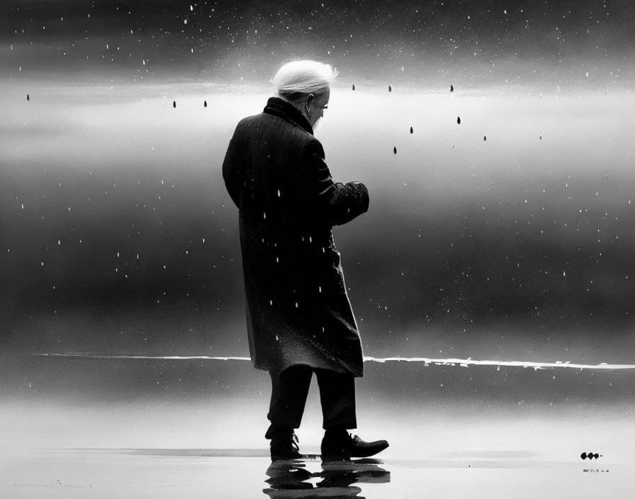 Elderly Person in Dark Coat Walking Alone on Reflective Surface with Birds