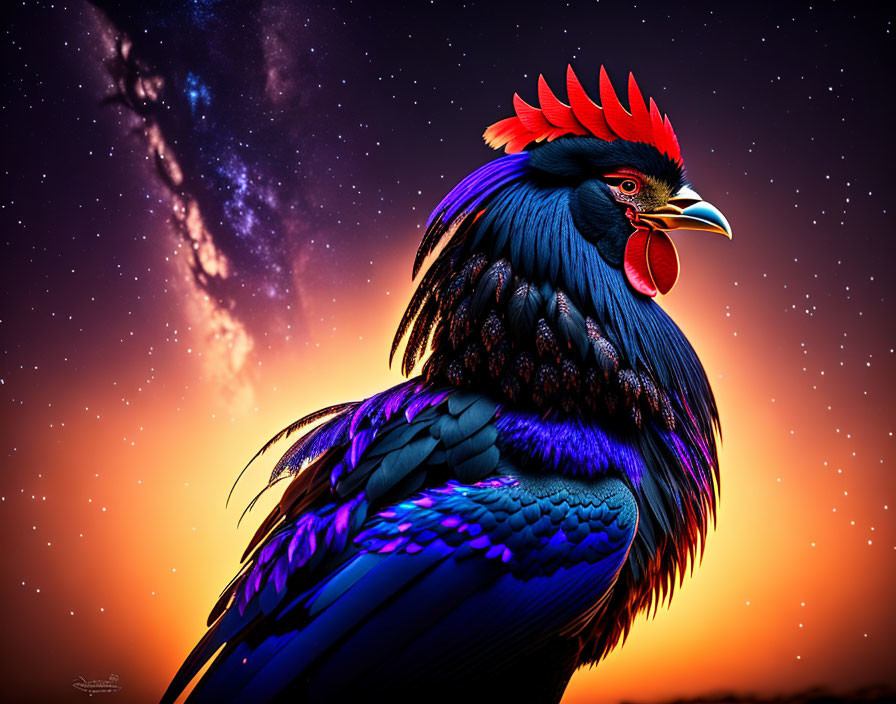 Colorful Rooster Artwork Against Sunset Sky and Stars