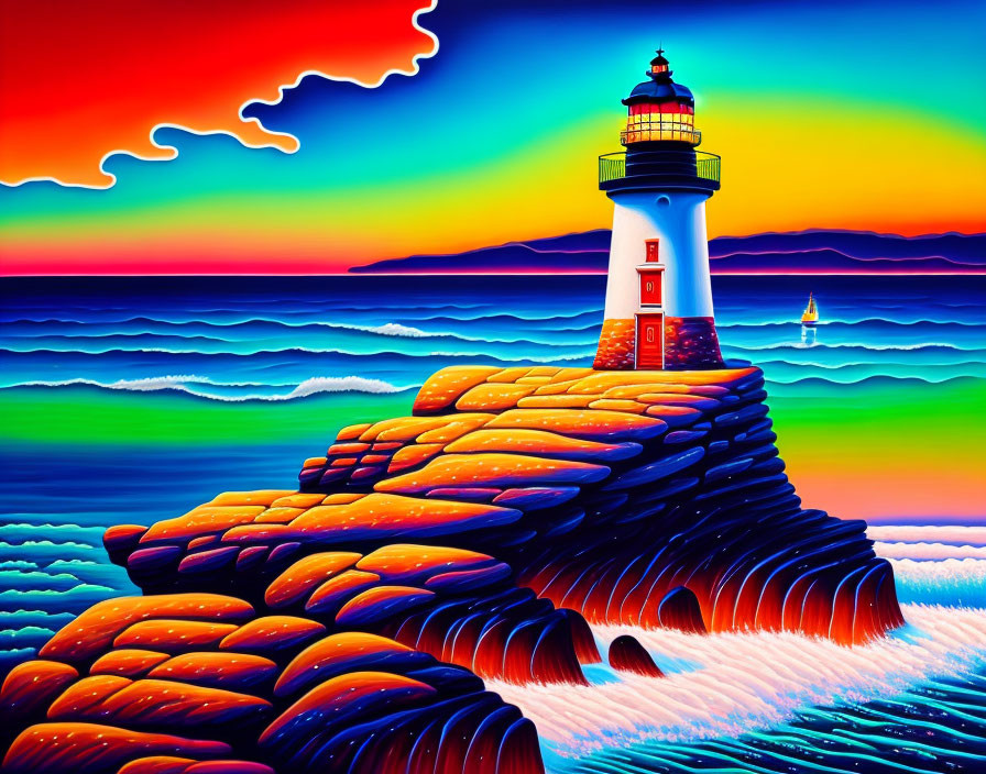 Surreal landscape with vibrant lighthouse on rocky shore