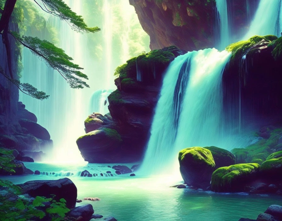 Tranquil waterfall cascading over mossy rocks in lush forest