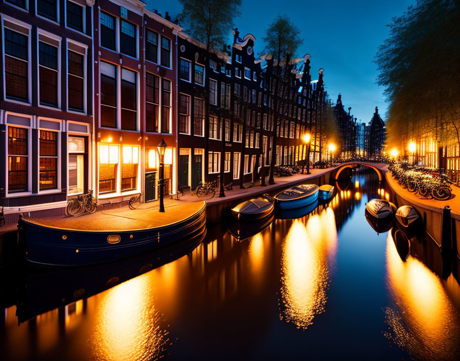 Serene Amsterdam canal at twilight with traditional Dutch houses and moored boats