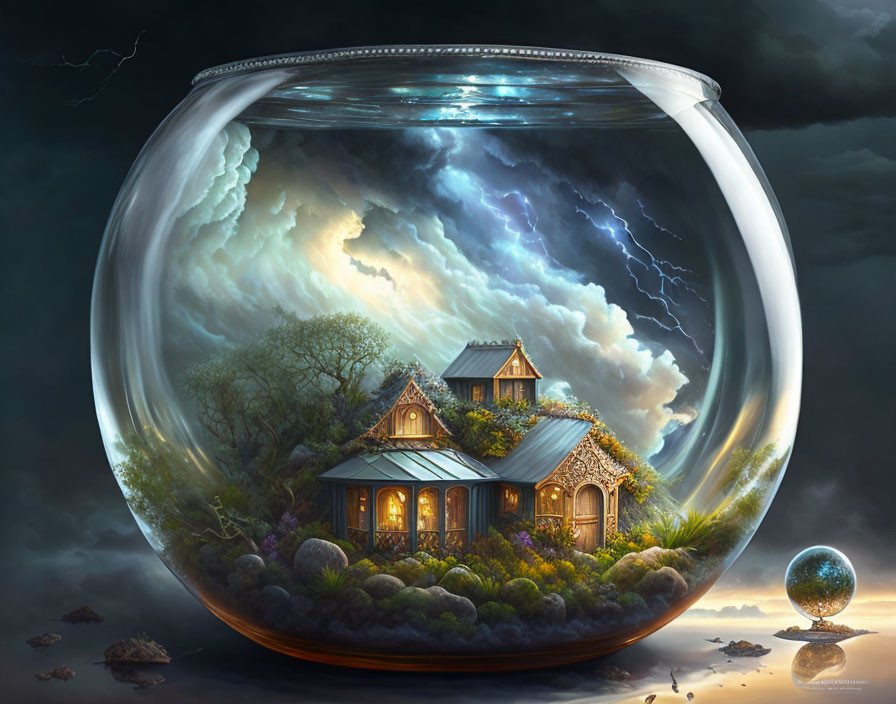 Glass bowl art piece: Stormy sky, cozy house, lush greenery, small globe