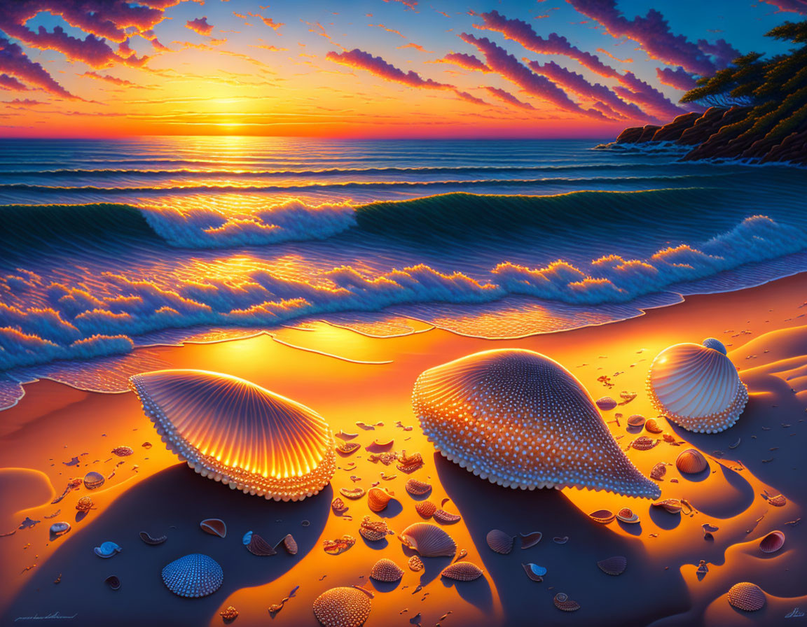 Colorful Sunset Beachscape with Seashells, Waves, and Sky