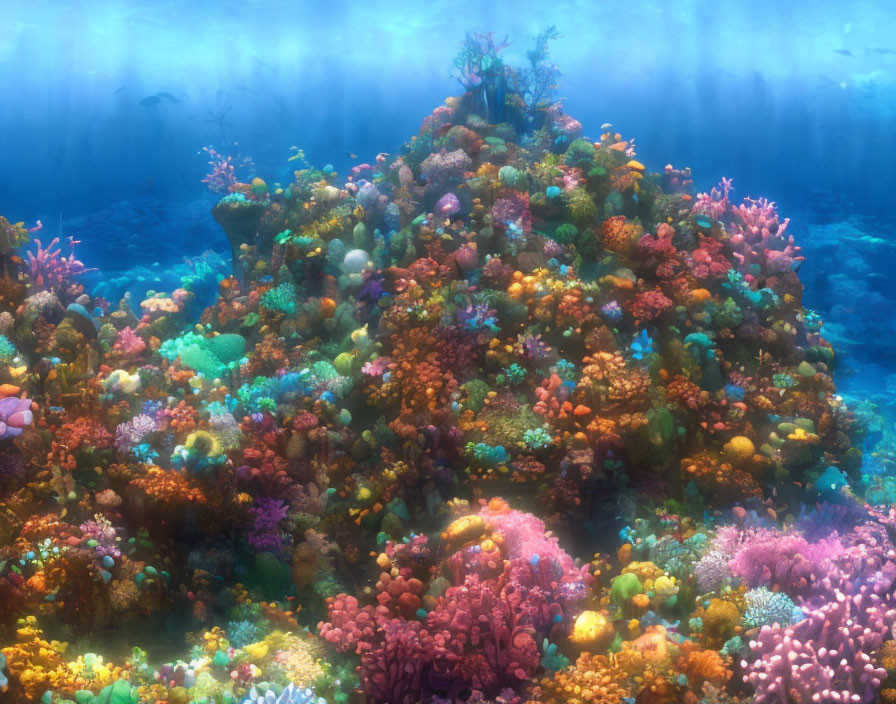 Colorful Coral Reef Teeming with Marine Life in Sunlit Ocean