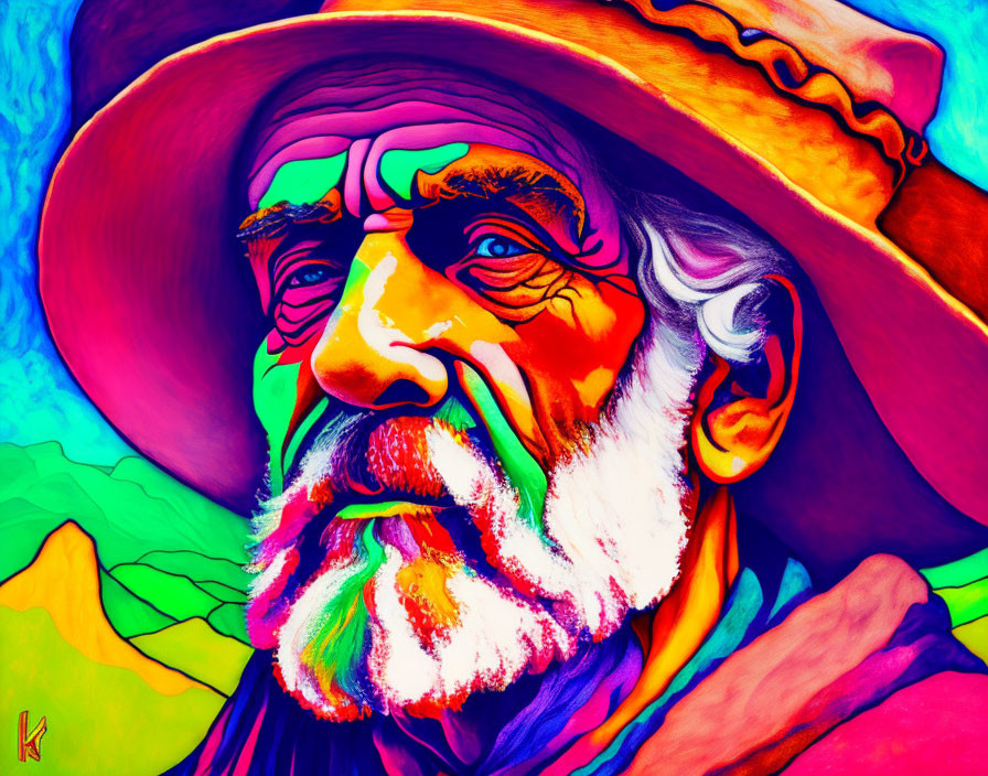 Colorful Psychedelic Portrait of Older Man with Beard and Hat