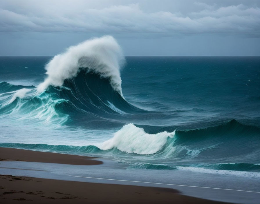 Dramatic stormy sky wave cresting over blue ocean