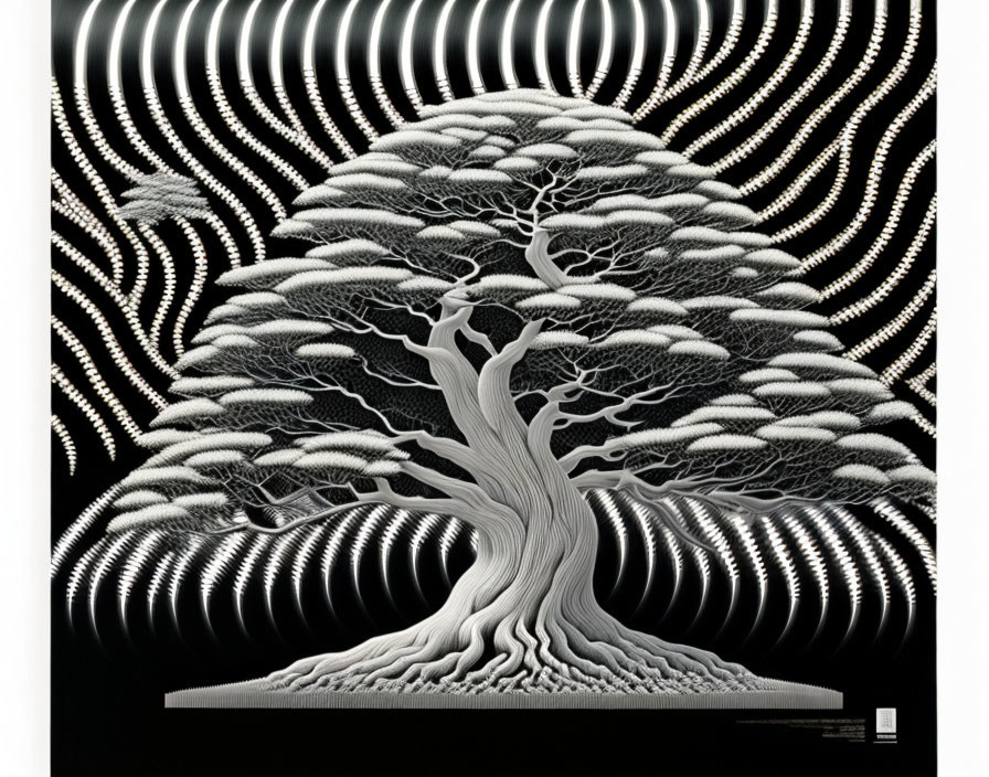 Detailed Monochrome Stylized Tree Illustration with Optical Illusion Background