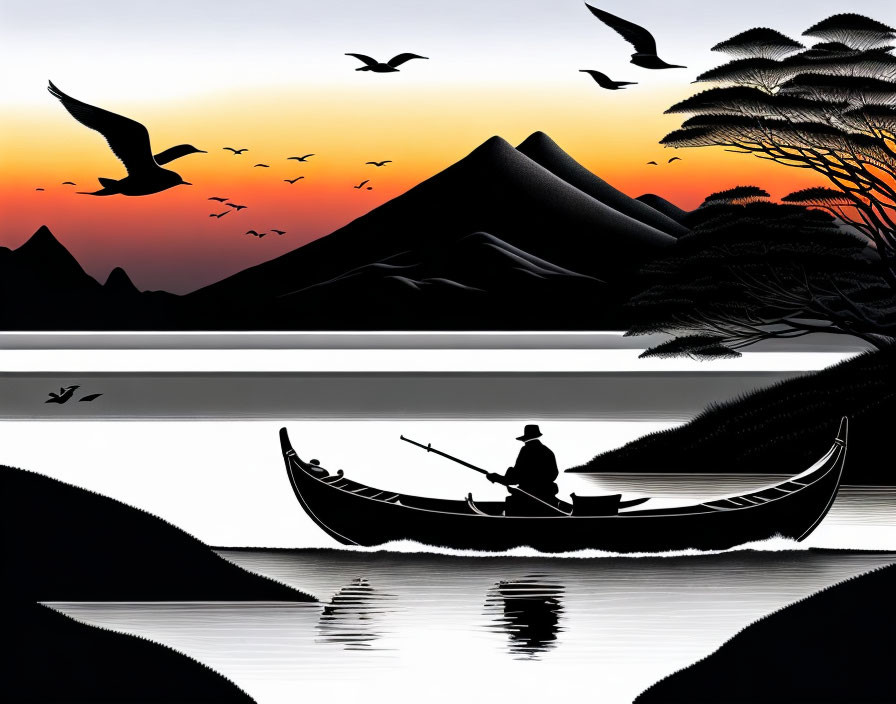 Tranquil silhouette landscape with mountains, lake, boat, birds, and trees at dawn or dusk