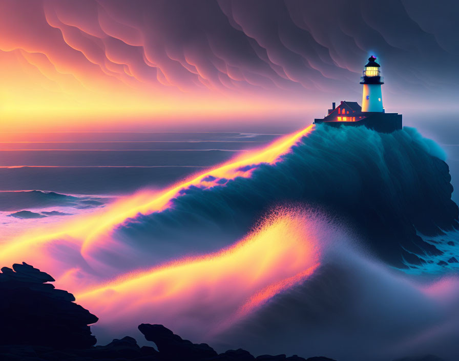 Cliff-top lighthouse with radiant wave and colorful sky