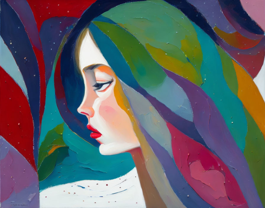 Vibrant abstract portrait of a woman with flowing hair in red, blue, and green hues