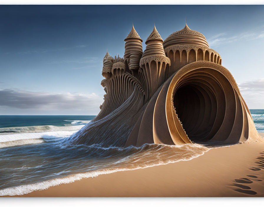 Elaborate sandcastle merging with wave on sandy beach