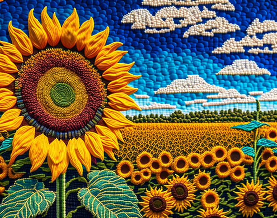 Colorful sunflower mosaic under blue sky with field below