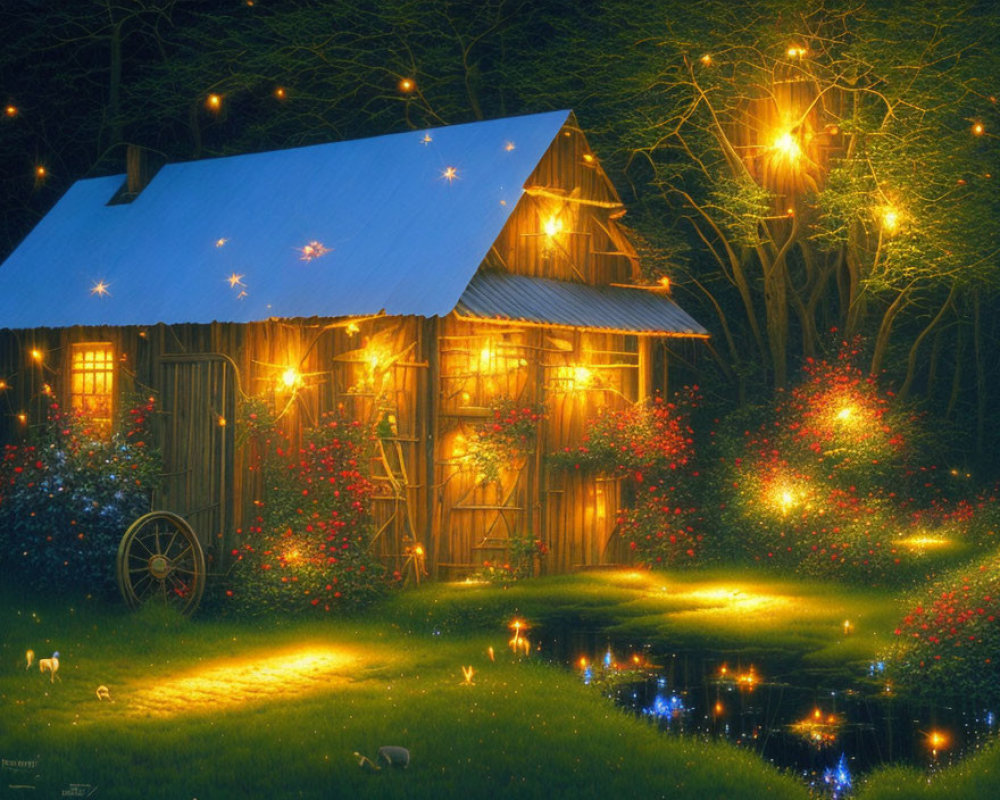 Rustic cabin with lights and flowers by pond at twilight