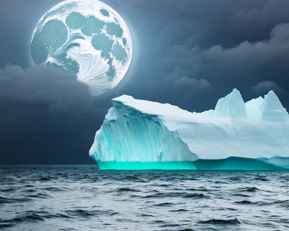 Glowing iceberg under dramatic night sky with massive moon.