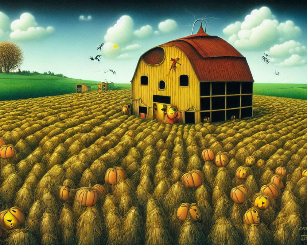 Whimsical farm scene with red barn, pumpkin fields, trees, and birds