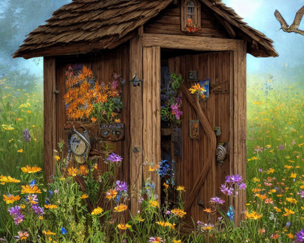 Whimsical wooden hut with clock, bluebird, and flowers in vibrant meadow under misty