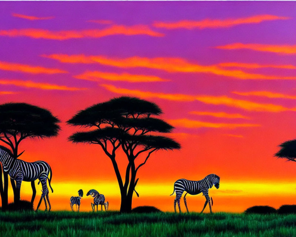 Colorful painting of zebras and acacia trees under African savanna sunset