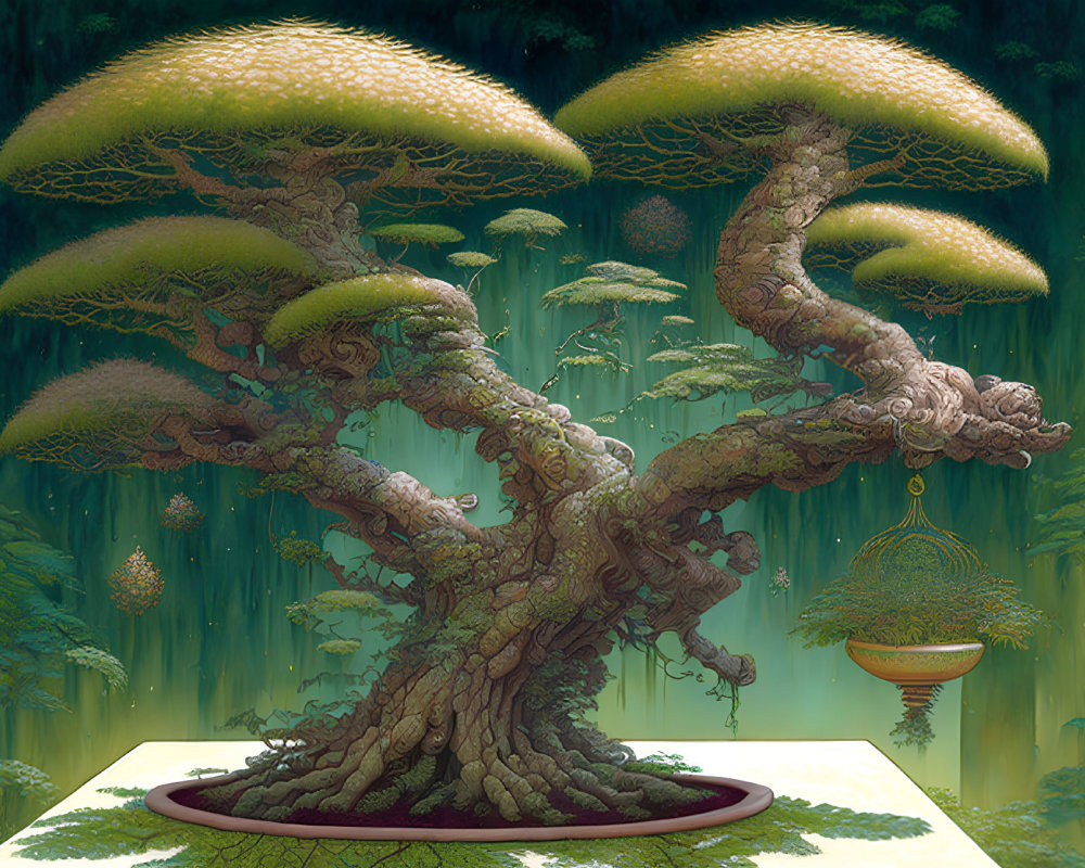 Fantastical bonsai tree with twisting trunks in mystical forest landscape