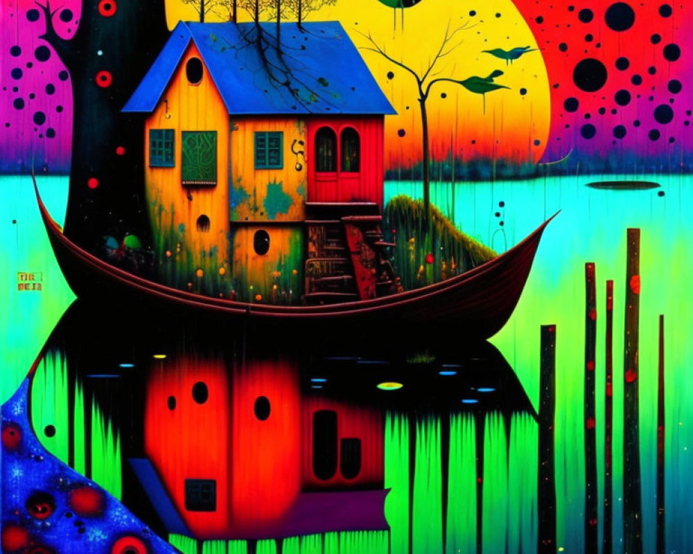 Colorful surreal artwork: Boat-house, abstract patterns, birds, celestial bodies